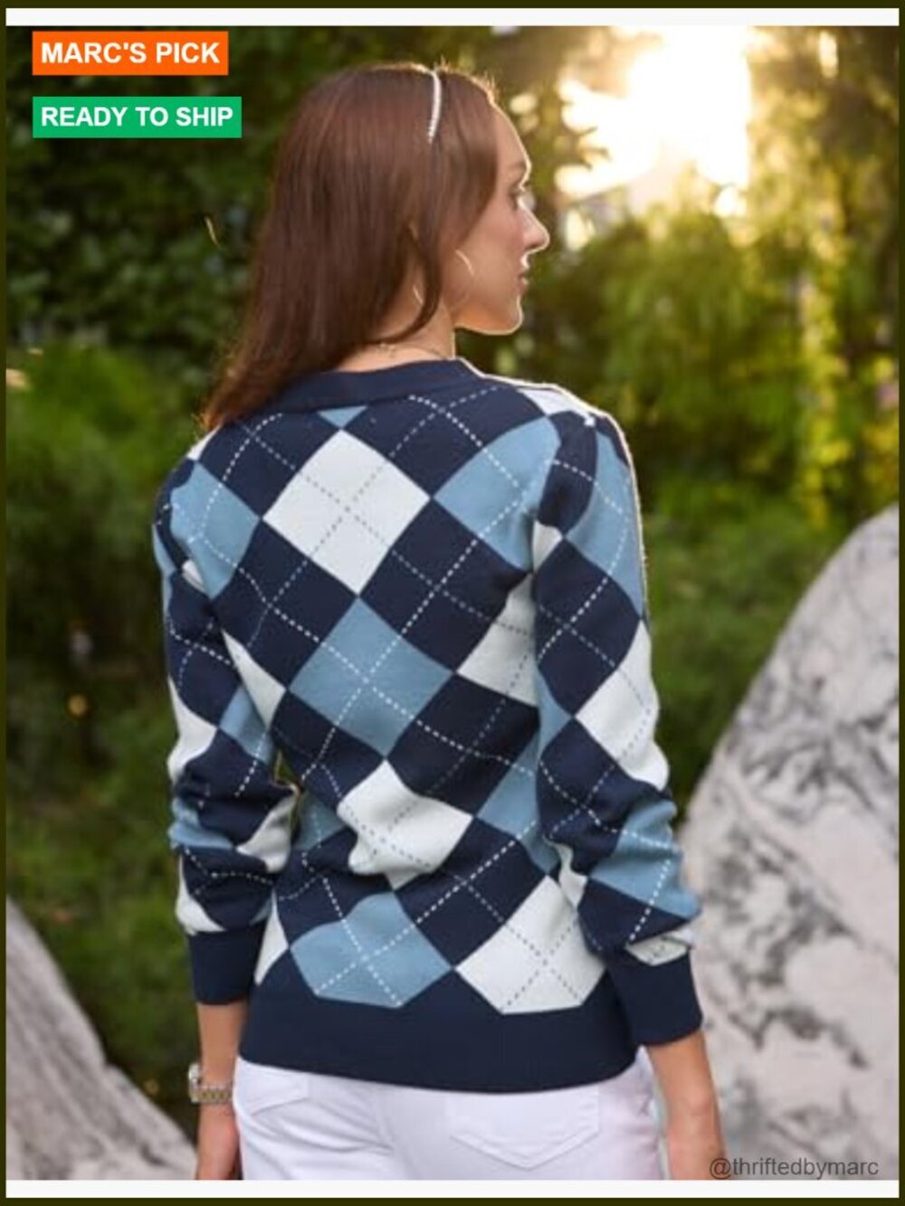 Long Sleeve Argyle V-Neck Button Up Cardigan Sweater Preppy - Picture 3 of 7